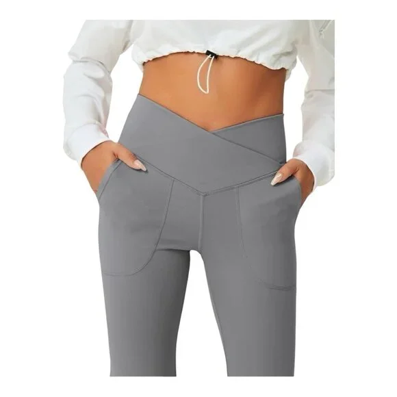 HALARA Crossover Pocket Split Hem Full Length Flare Leggings XL Petite Gray NWT - Picture 3 of 10